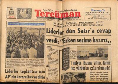 Tercüman Gazetesi 8 Aralık 1964 - Bir Milyar Bizans Altını , Tarihi Taş Yüzünden Çıkarılmadı ! GZ65795 - 2