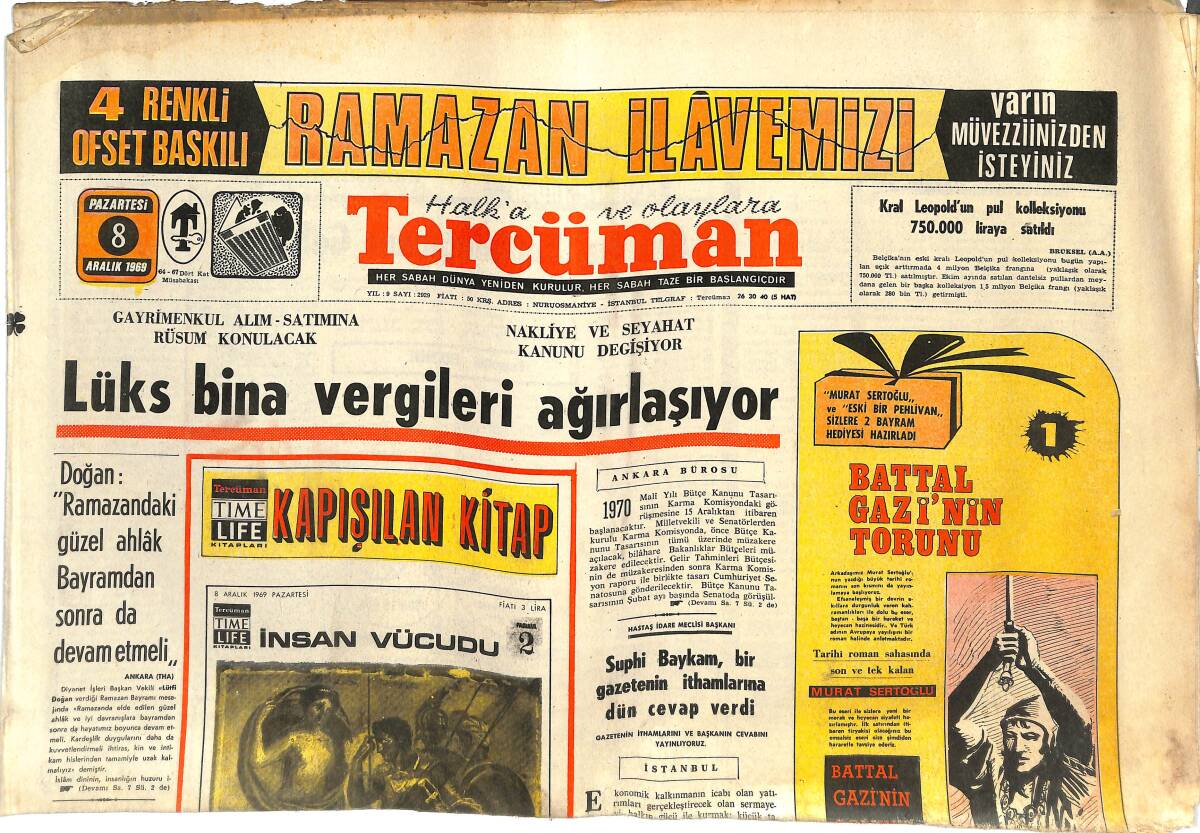 Tercüman Gazetesi 8 Aralık 1969 - İnsan Vücudunun 2. Fasikülü Bugün Çıktı - Cem Karaca Almanya'da GZ144750 - 1