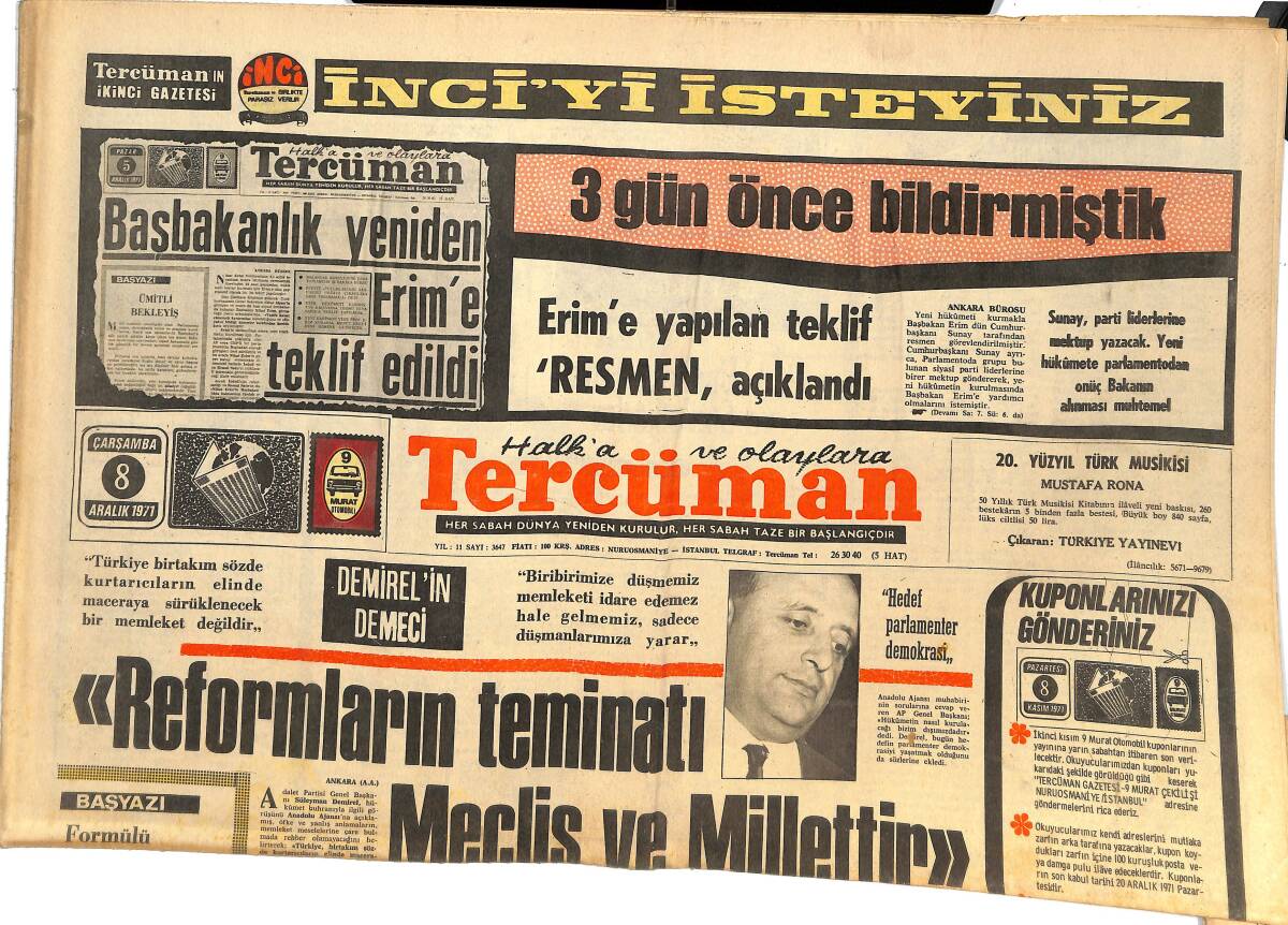 Tercüman Gazetesi 8 Aralık 1971 - Reformların Teminatı Meclis Ve Millettir! - Kütahya'da Antrenör Suat Mamat'ın Yetkileri Kısıtlandı! GZ144730 - 1