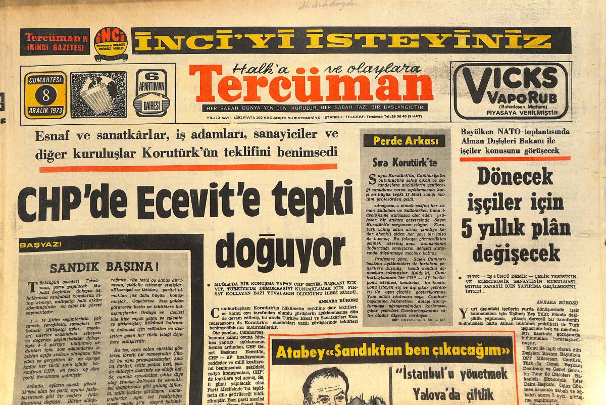Tercüman Gazetesi 8 Aralık 1973 - CHP'DE Bülent Ecevit'e Tepki Doğuyor! - Alexsander Medved Hakemliği Başladı! GZ145711 - 1