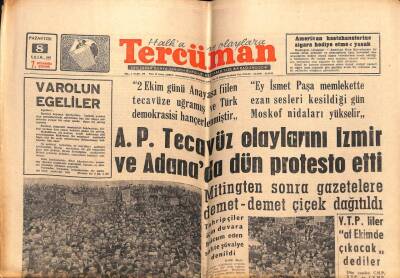 Tercüman Gazetesi 8 Ekim 1962 - AP Tecavüz Olaylarını İzmir Ve Adanada Protesto Etti GZ55292 - 1