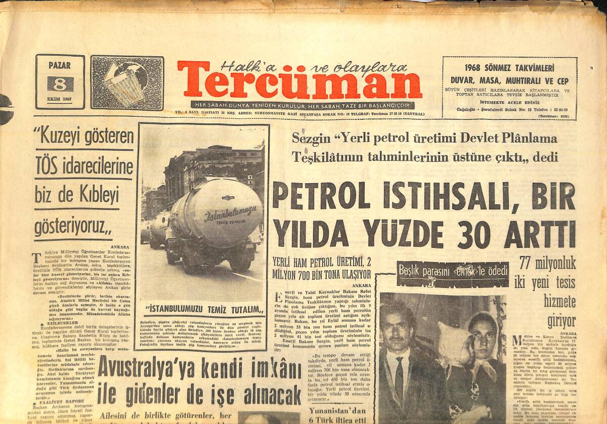 Tercüman Gazetesi 8 Ekim 1967 - Petrol İstihsali, Bir Yılda Yüzde 30 Arttı. - 1. Ligin İlk Dev Maçı Galatasaray-Fenerbahçe GZ141741 - 1
