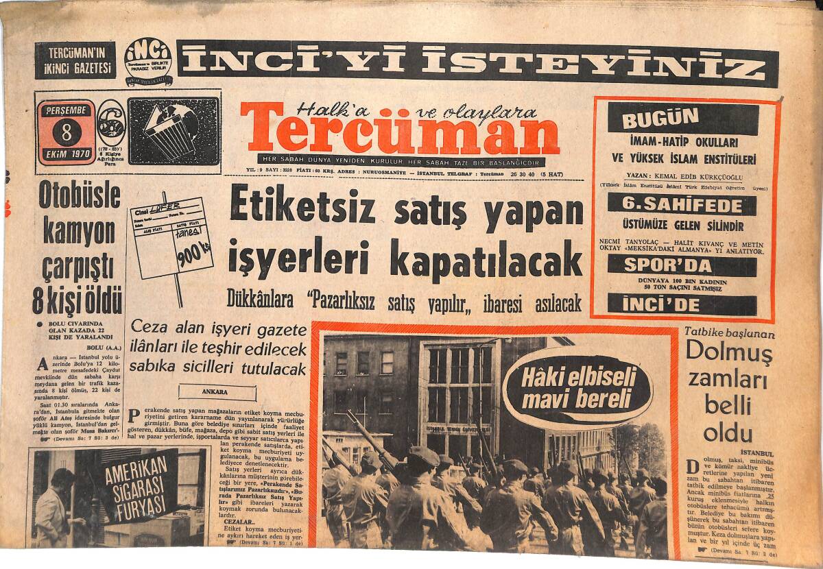 Tercüman Gazetesi 8 Ekim 1970 - Komandolar Dün İstanbul'da İlk Defa Göründü - Milli Takım İçin İlk Aday: Palfaı GZ144958 - 1