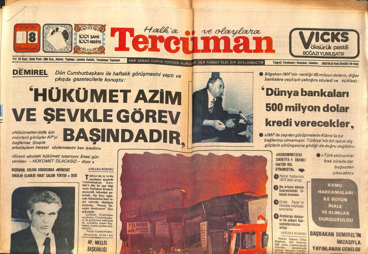 Tercüman Gazetesi 8 Ekim 1977 - Beyoğlu Ve Kasımpaşa'da 3 Bina Tamamen Bir İşhanı Kısmen Yandı - DİSK'deki İlk Raundu Güven Kazandı GZ150500 - 1