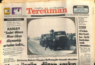 Tercüman Gazetesi 8 Ekim 1981 - Kaddafi Sedat Ölünce Mısır-Libya Düşmanlığı Ortadan Kalktı. Mısırda bir REİS vardı. GZ123634 - 1