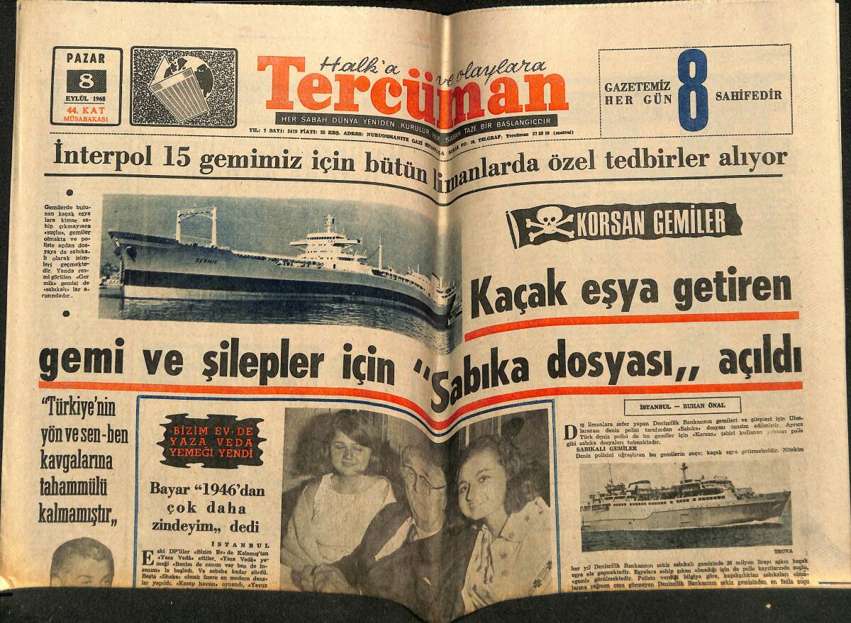 Tercüman Gazetesi 8 Eylül 1968 - İnterpol 15 Gemimiz İçin Bütün Limanlarda Özel Tedbirler Alıyor GZ148832 - 1