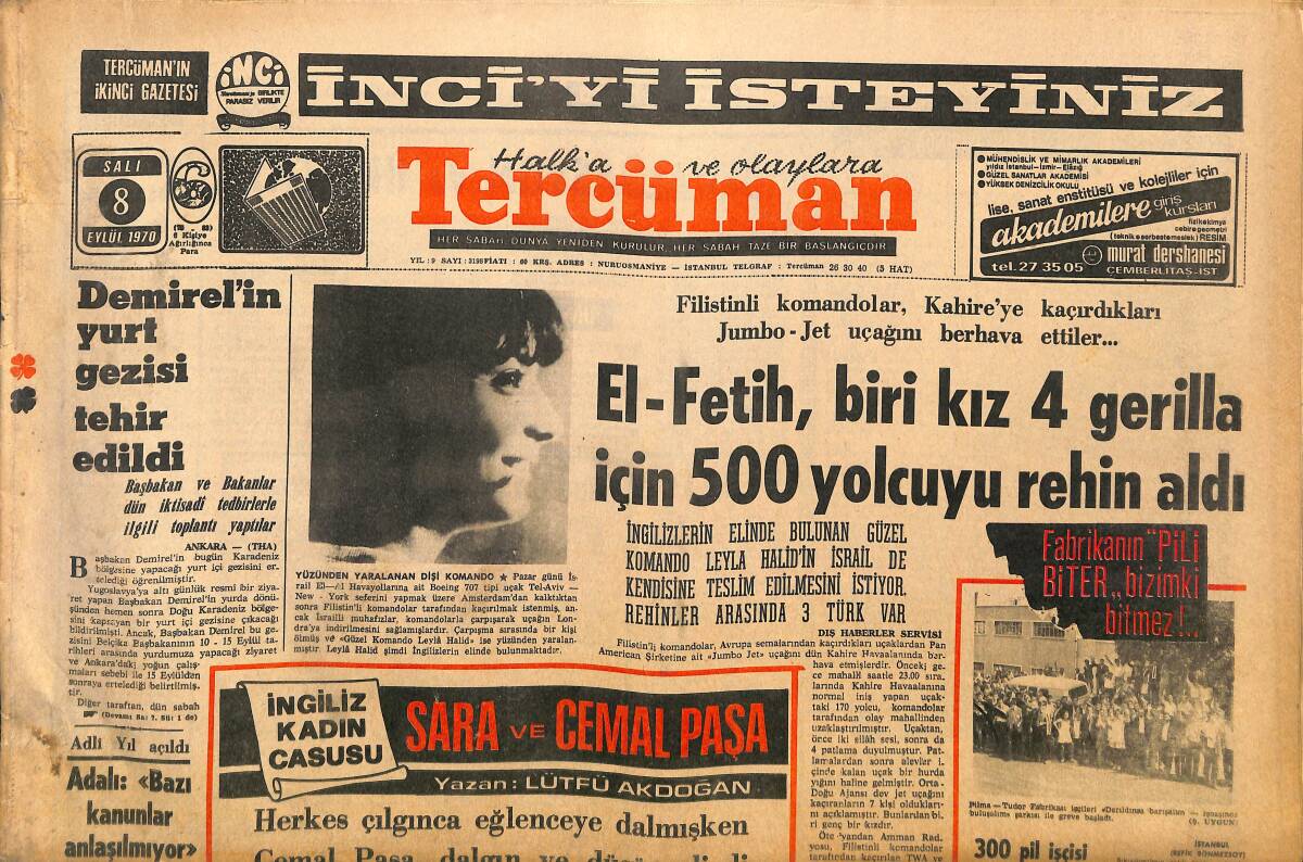 Tercüman Gazetesi 8 Eylül 1970 - El-Fetih, Bir Kızı 4 Gerilla İçin 500 Yolcuyu Rehin Aldı - Can: Fenerbahçe Şampiyon Olacak GZ141441 - 1