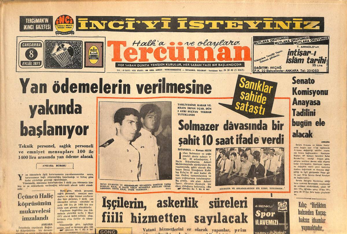 Tercüman Gazetesi 8 Eylül 1971 - Solmazer Davasında Bir Şahit 10 Saat İfade Verdi! - Muhteşem Harem Dairesi,12 Yıl Sonra Dün Açıklandı! GZ145740 - 1