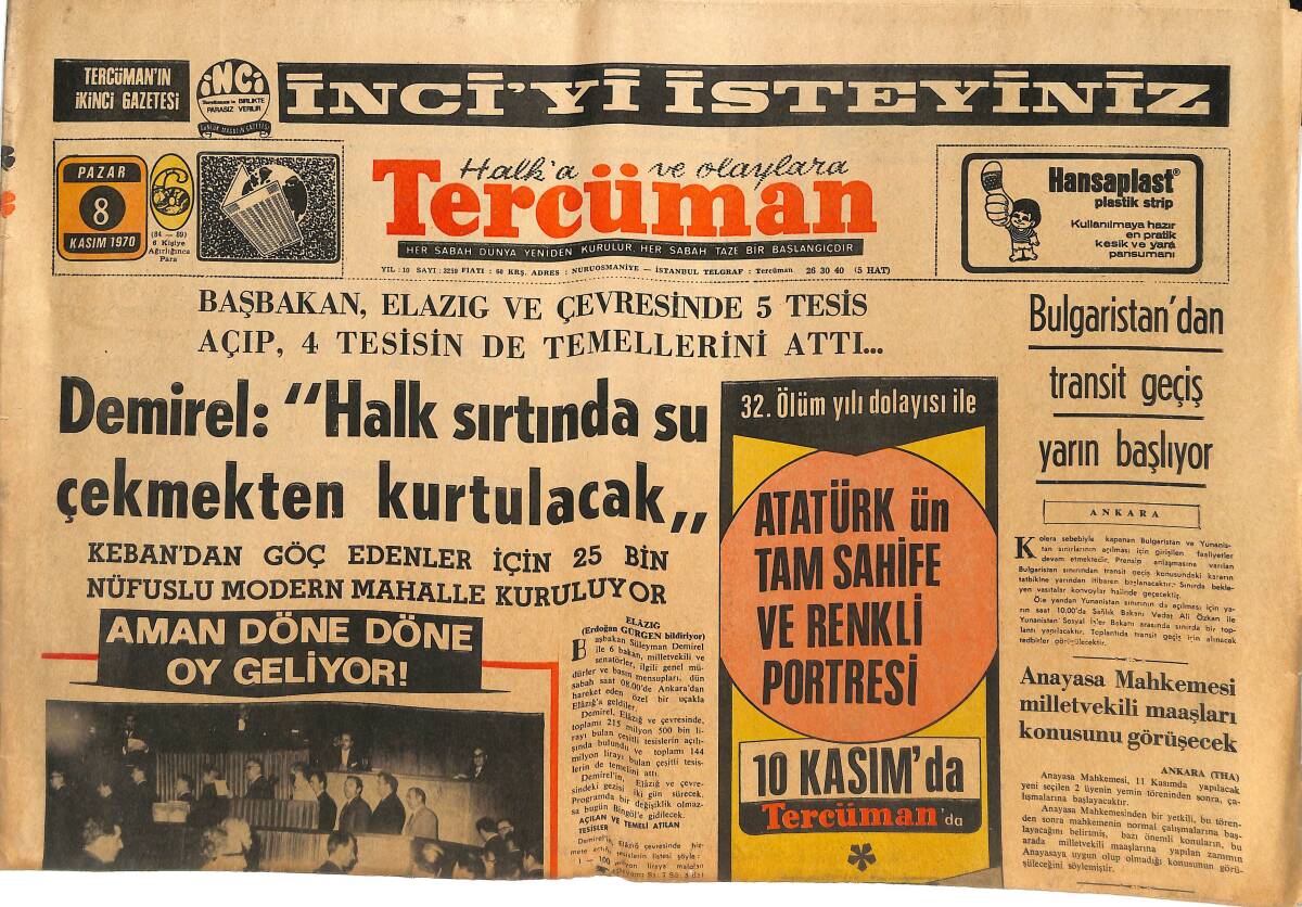 Tercüman Gazetesi 8 Kasım 1970 - Bulgaristan'dan Transit Geçiş Yarın Başlıyor - Galatasaray Karşıyaka Önünde GZ144813 - 1