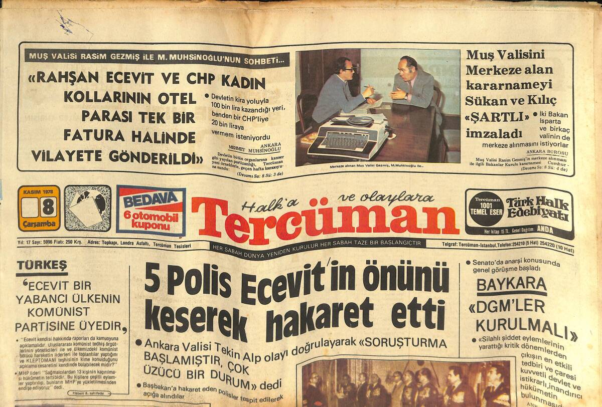 Tercüman Gazetesi 8 Kasım 1978 - 5 Polis Ecevit'in Önünü Keserek Hakaret Etti - M.Ali'nin Kum Torbası, Boks Konseyi'nin Dünya Şampiyonu GZ134016 - 1