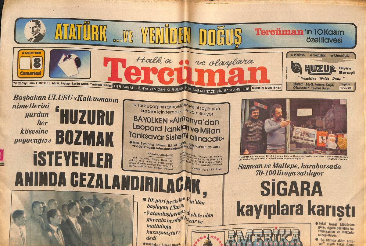 Tercüman Gazetesi 8 Kasım 1980 - Başbakan Ulusu : Huzuru Bozmak İsteyenler Cezalandırılacak- Bülent Ersoy:Hapiste Geçen Acı Günler Aklımı Başıma Getirdi GZ133276 - 1