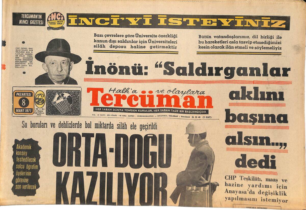 Tercüman Gazetesi 8 Mart 1971 - Orta-Doğu Kazılıyor - Mehmet Akif , 7 Gün Süre İle Bütün Yurtta Anılacak GZ144772 - 1