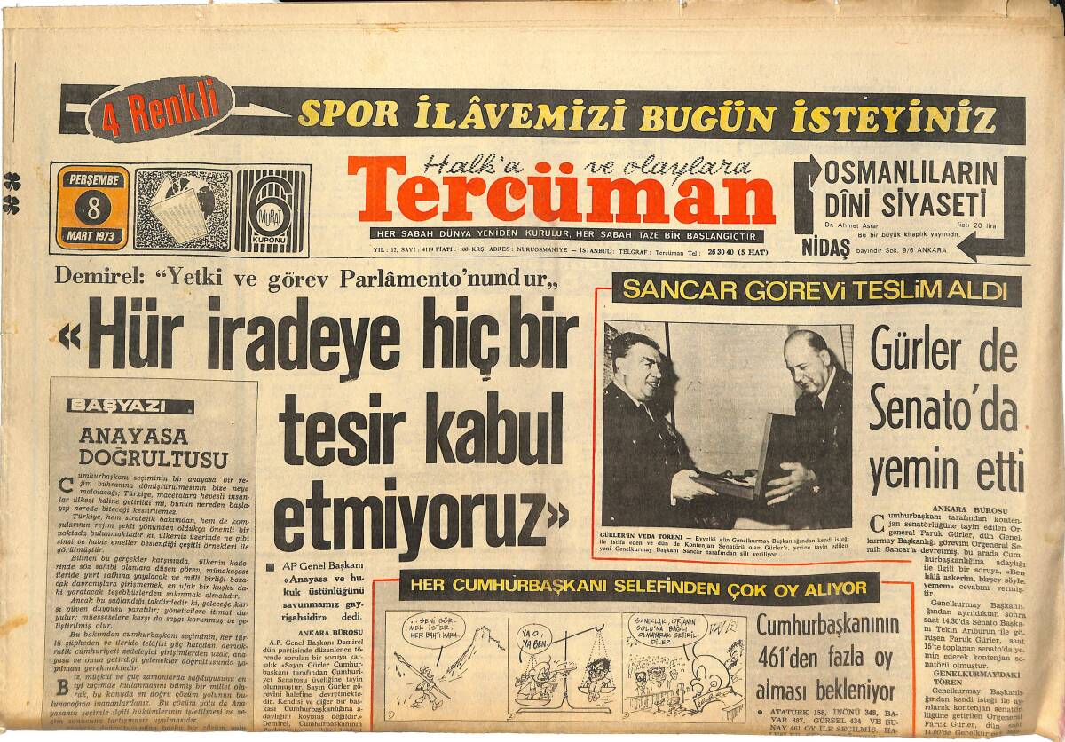 Tercüman Gazetesi 8 Mart 1973 - Gürler'de Senato da Yemin Etti - Yüksek Sağlık Şurası Toplandı GZ144854 - 1