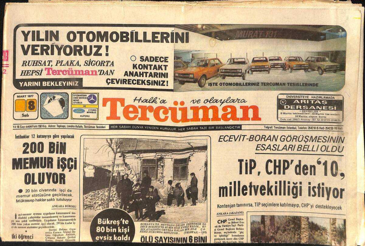 Tercüman Gazetesi 8 Mart 1977 - Yeliz Ve Selçuk Ural TV'ye Birlikte Çıkacak - Galatasaray Başkanı Selahattin Yıldız'a Göre İstanbul Büyük Tehlikede GZ154656 - 1