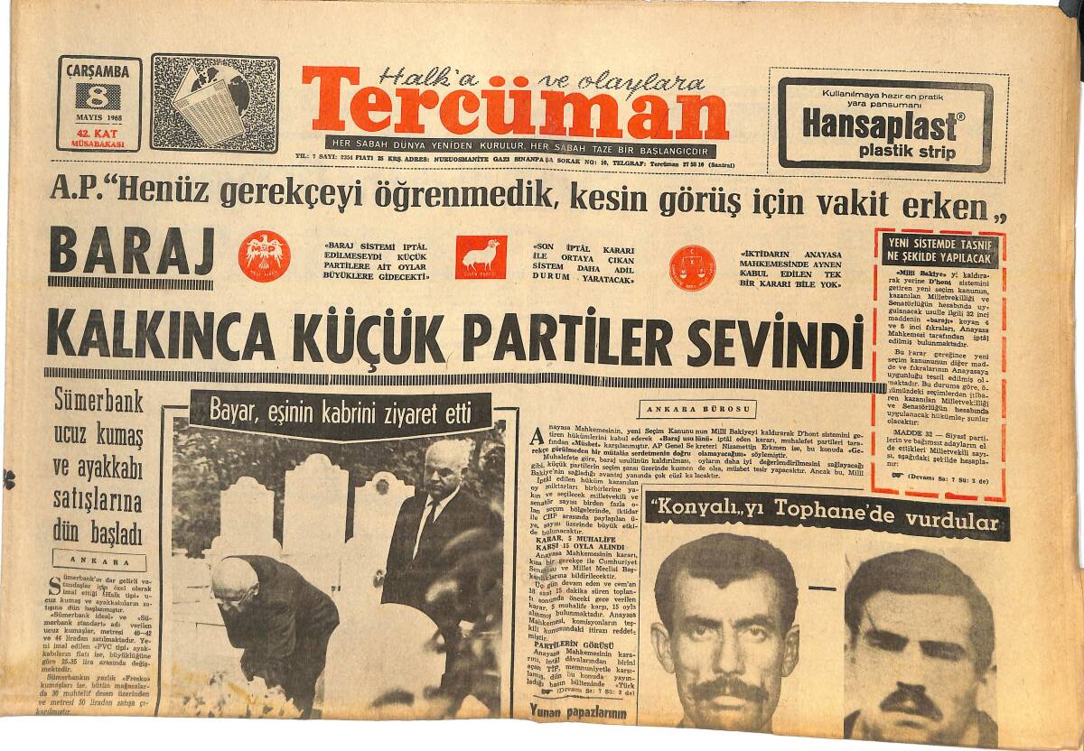 Tercüman Gazetesi 8 Mayıs 1968 - Baraj Kalkınca Küçük Partiler Sevindi - Fenerbahçe, Olimpia İle Bugün Karşılaşıyor! GZ144714 - 1