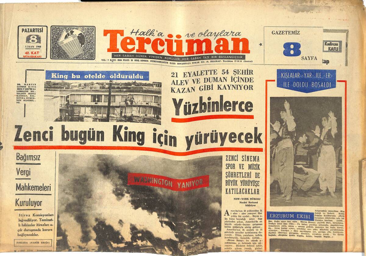 Tercüman Gazetesi 8 Nisan 1968 - Yüzbinlerce Zenci Bugün King İçin Yürüyecek - E. Spor Beşiktaş'ı Yıktı! GZ144704 - 1