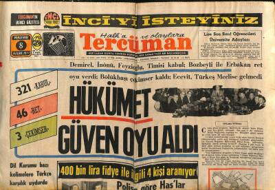 Tercüman Gazetesi 8 Nisan 1971 - Babaeskide 280 Bin Paket Kaçak Sigara Ele Geçti - Hükümet Güven Oyu Aldı GZ123547 - 1