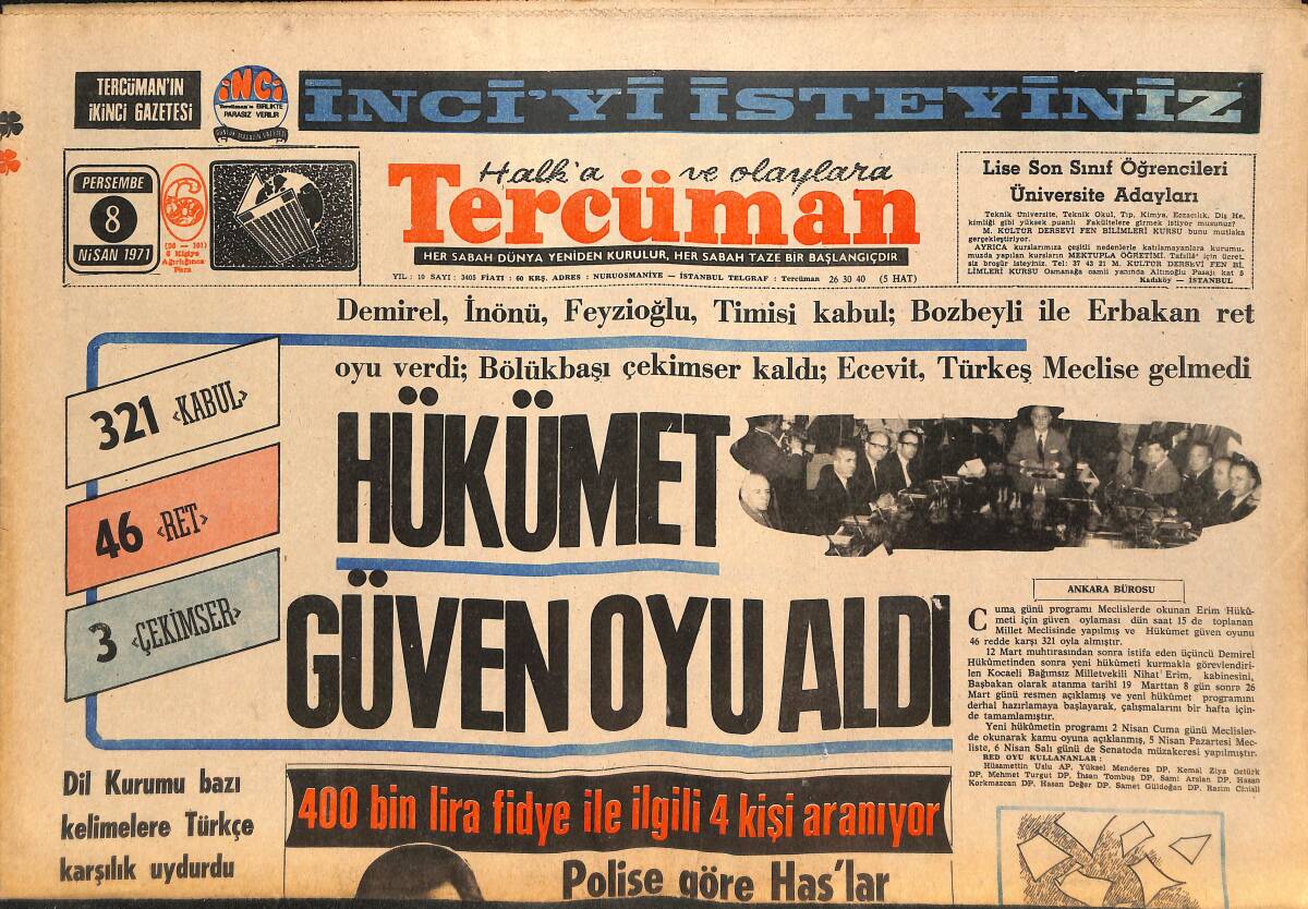 Tercüman Gazetesi 8 Nisan 1971 - Babaeski'de 280 Bin Paket Kaçak Sigara Ele Geçti - Hükümet Güven Oyu Aldı GZ145506 - 1