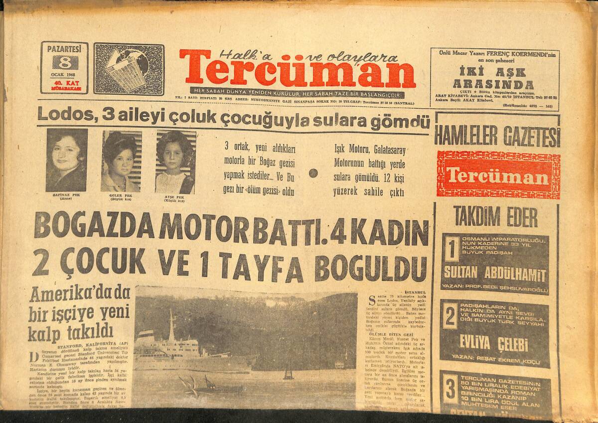 Tercüman Gazetesi 8 Ocak 1968 - Kollias Atina'ya Döndü - Fransa'da İslam Tarihine Ait Yeni Gerçekler Açıklandı! GZ145704 - 1