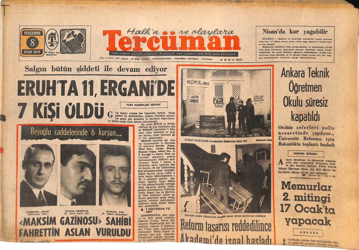 Tercüman Gazetesi 8 Ocak 1970 - Maksim Gazinosu Sahibi Fahrettin Aslan Vuruldu - Bir Türk Almanlara Kanun Tasarısı Hazırlıyor GZ144758 - 1
