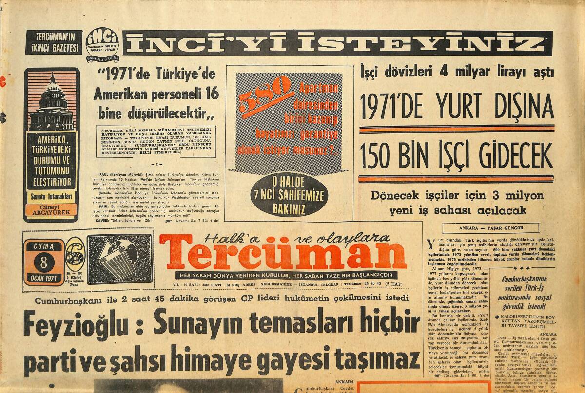 Tercüman Gazetesi 8 Ocak 1971 - 800 Çapa Öğretmen Okulu Öğrencisi Sokaklarda Okulun Açılmasını Bekliyor - 1971'de Yurtdışına 150 Bin İşçi Gidecek GZ145404 - 1