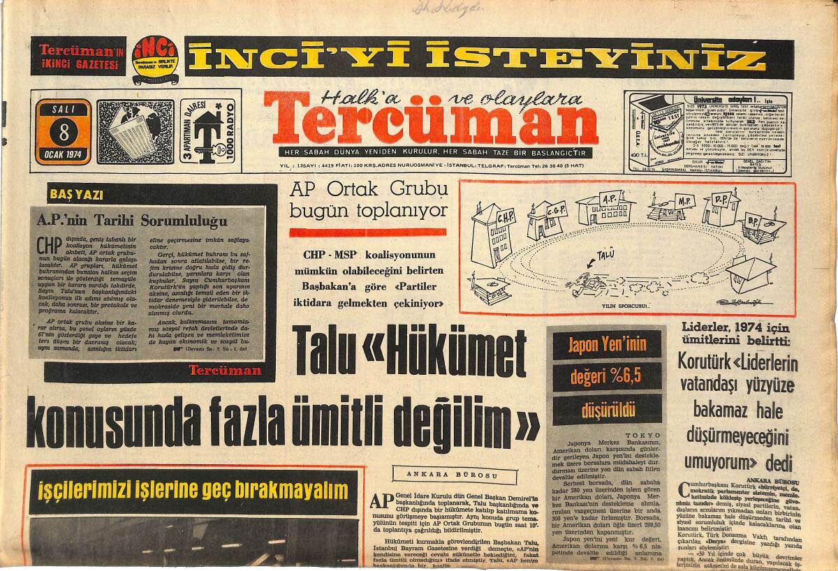 Tercüman Gazetesi 8 Ocak 1974 - Talu '' Hükümet Konusunda Fazla Ümitli Değilim '' - Japon Yen'inin Değeri %6,5 Düşürüldü GZ145131 - 1