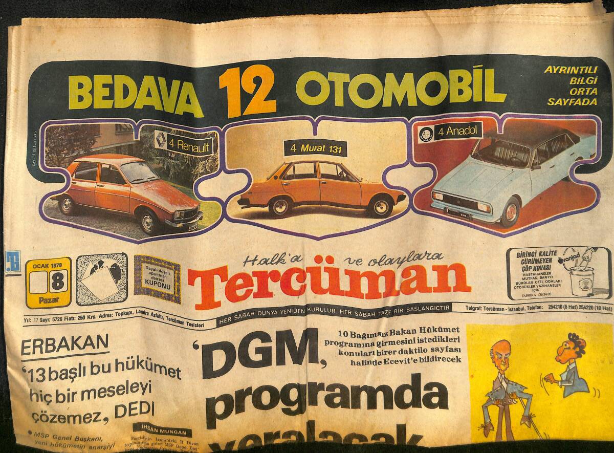 Tercüman Gazetesi 8 Ocak 1978 - Erbakan : 13 Başlı Bu Hükümet Hiçbir Sorunu Çözemez - CHP Milletvekili Süleyman Genç'in Evine Bomba Atıldı GZ133496 - 1