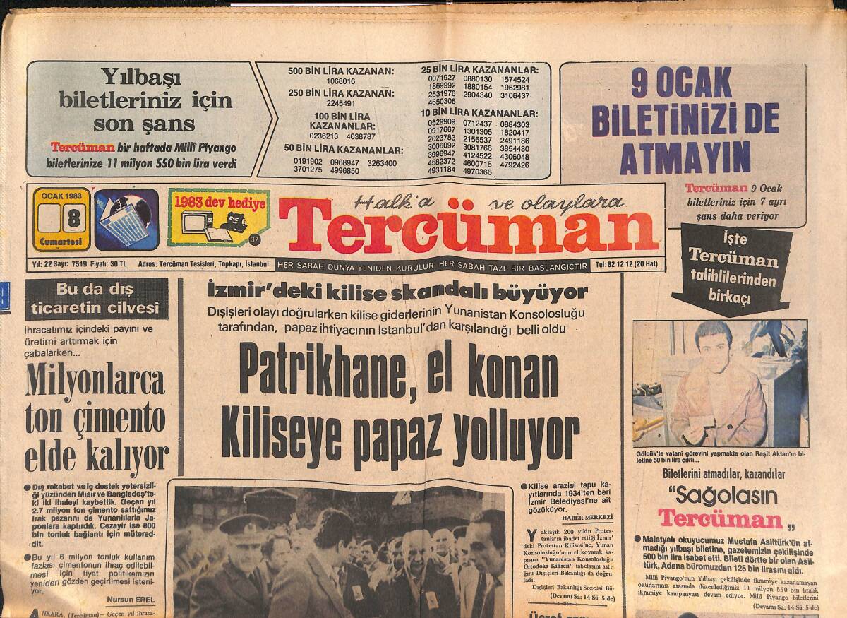 Tercüman Gazetesi 8 Ocak 1983 - Evren'in Annesi Toprağa Verildi - Patrikhane , El Konan Kiliseye Papaz Yolluyor GZ134452 - 1