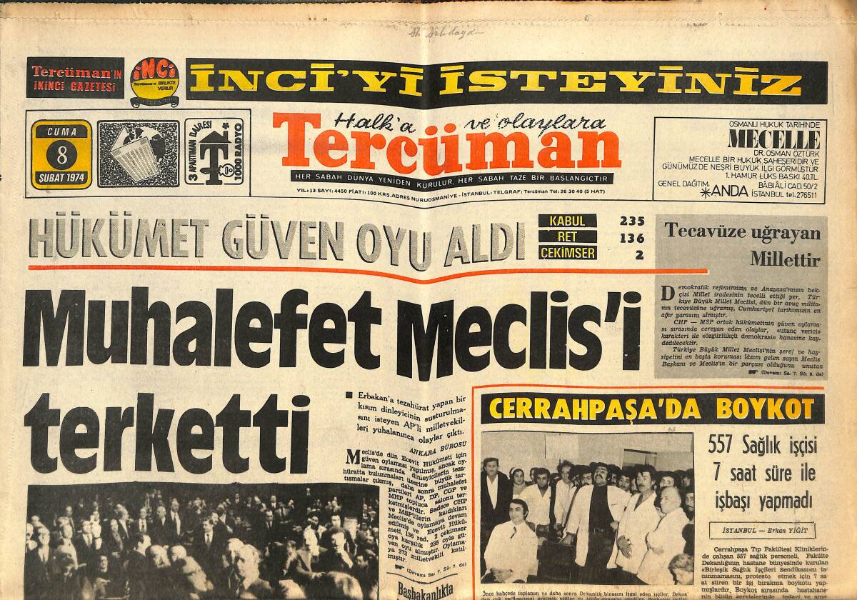 Tercüman Gazetesi 8 Şubat 1974 - Cerrahpaşa'da Boykot - Spor Bakanı Yılmaz Mete Kulüp Borçları İçin Ecevit İle Görüşecek! GZ144430 - 1