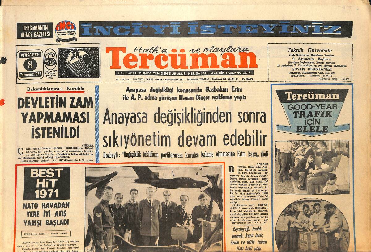 Tercüman Gazetesi 8 Temmuz 1971 - Galatasaray Lisesini Birincilikle Kazanan Gülden Okul Seçemiyor - Deniz Gezmiş'in Duruşma Günü Henüz Belli Olmadı GZ145304 - 1