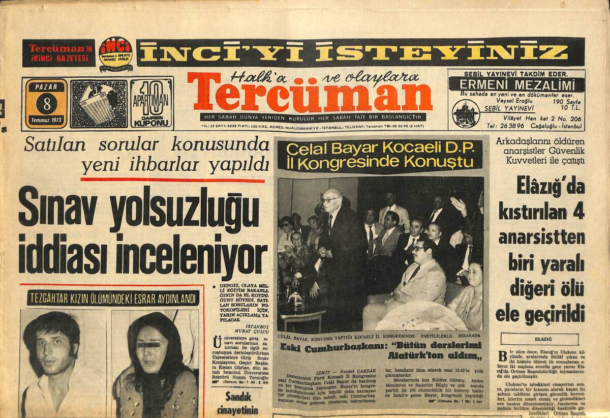 Tercüman Gazetesi 8 Temmuz 1973 - Elazığ'da Kıstırılan 4 Anarşistten Biri Yaralı Diğeri Ölü Ele Geçirildi - Bursa Fuarı Dün Açıldı GZ141493 - 1