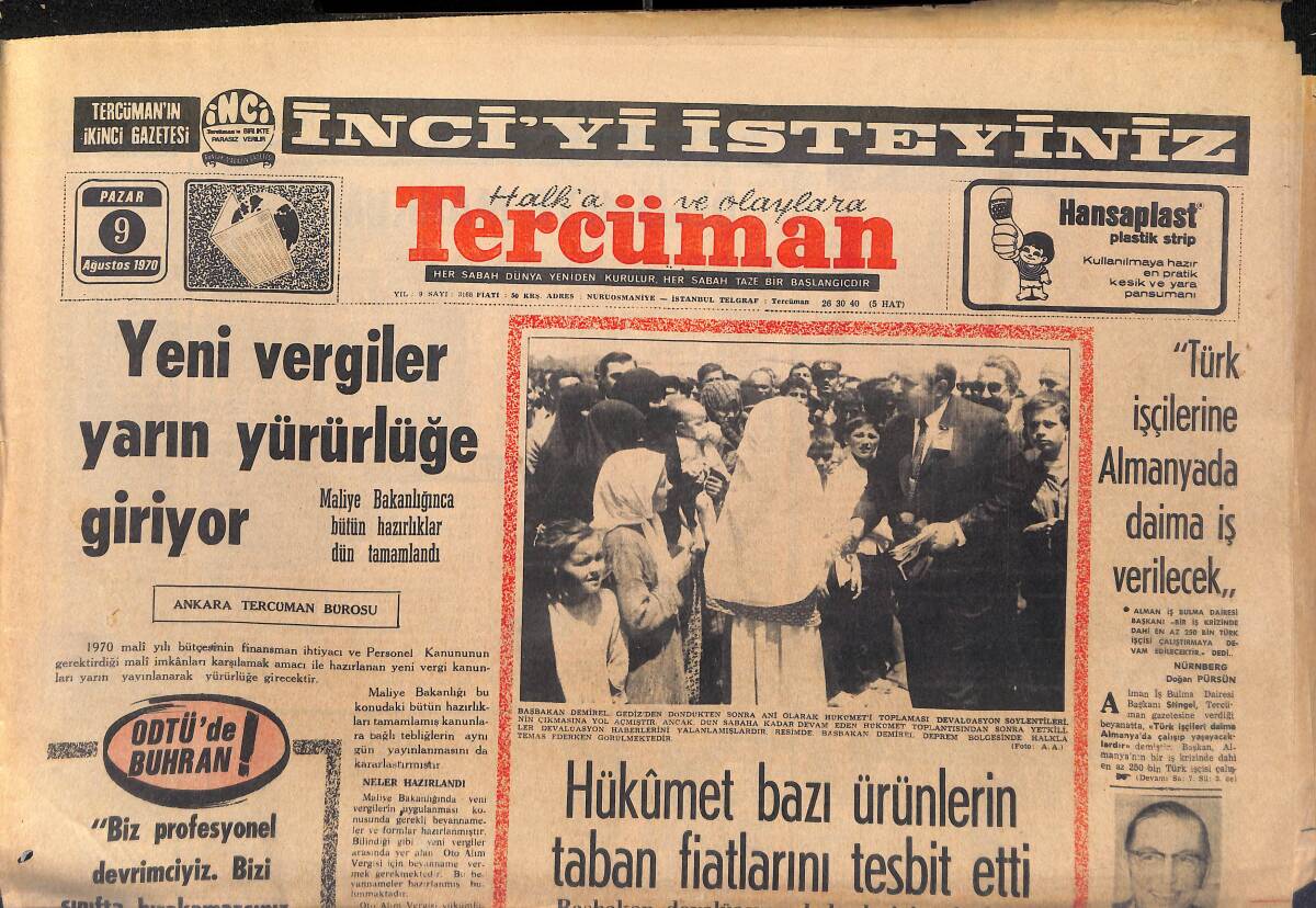 Tercüman Gazetesi 9 Ağustos 1970 - Bu yıl Altay Da Fuarlar Kupasına Alınabilirdi - Yeni Vergiler Yarın Yürürlüğe Giriyor! GZ146044 - 1