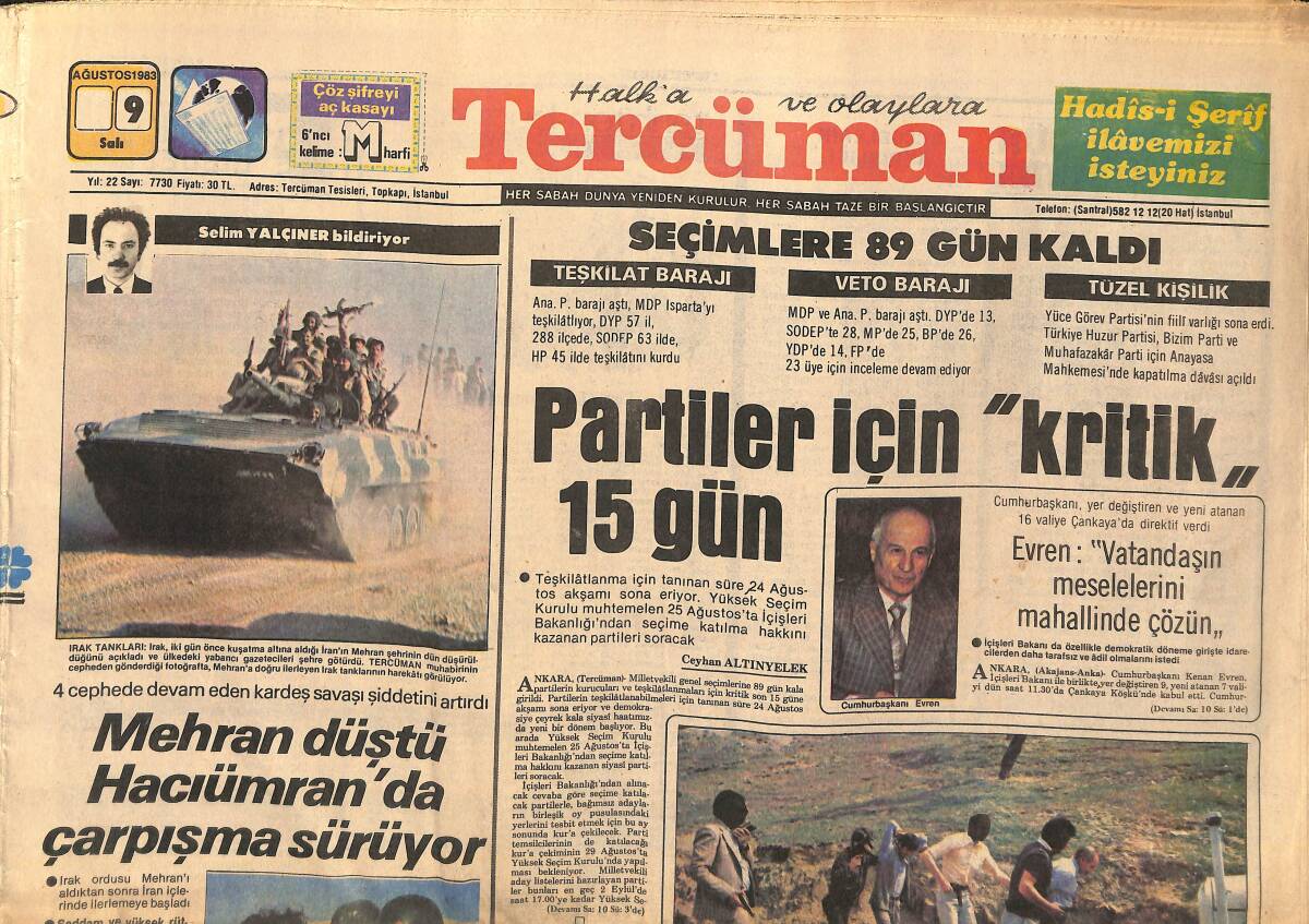 Tercüman Gazetesi 9 Ağustos 1983 - Dünyanın En Dayanıklı Kadını - Mehran Düştü Hacıümran'da Çarpışma Sürüyor GZ141434 - 1