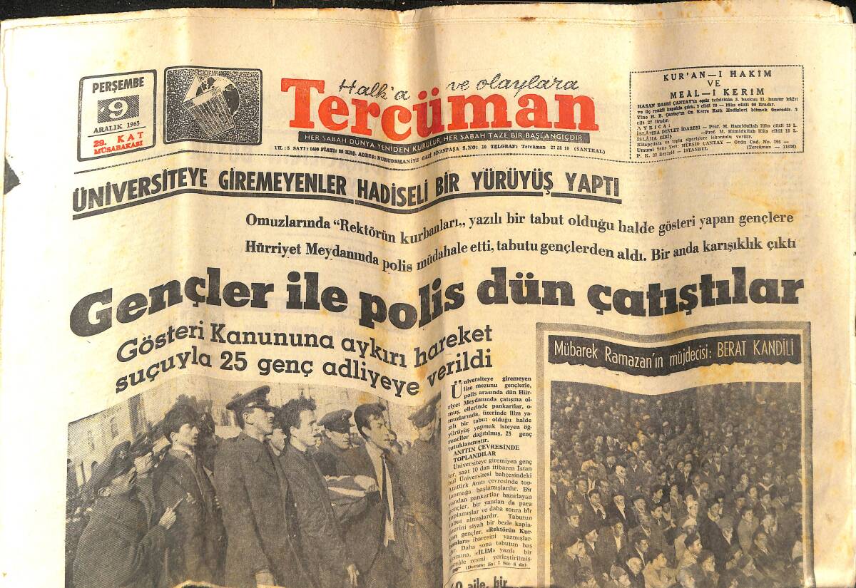 Tercüman Gazetesi 9 Aralık 1965 - Gençler İle Polis Dün Çatıştılar - TRT Allah'ın Adını Anmıyor - 30 Türk Güreşçisi Avrupa'da GZ141927 - 1