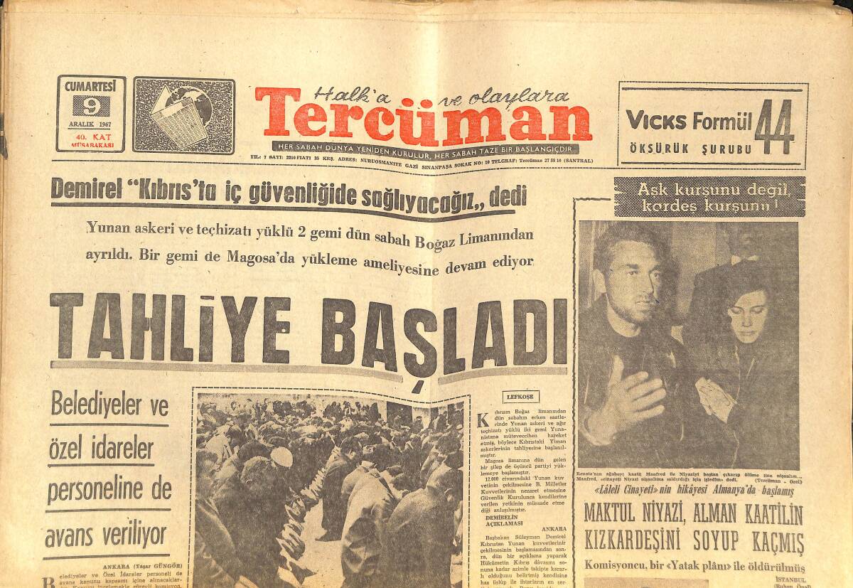 Tercüman Gazetesi 9 Aralık 1967 - Demirel: Kıbrıs'ta İç Güvenliği Sağlayacağız - Laleli Cinayetinin Hikayesi Almanya'da Başlamış GZ141773 - 1