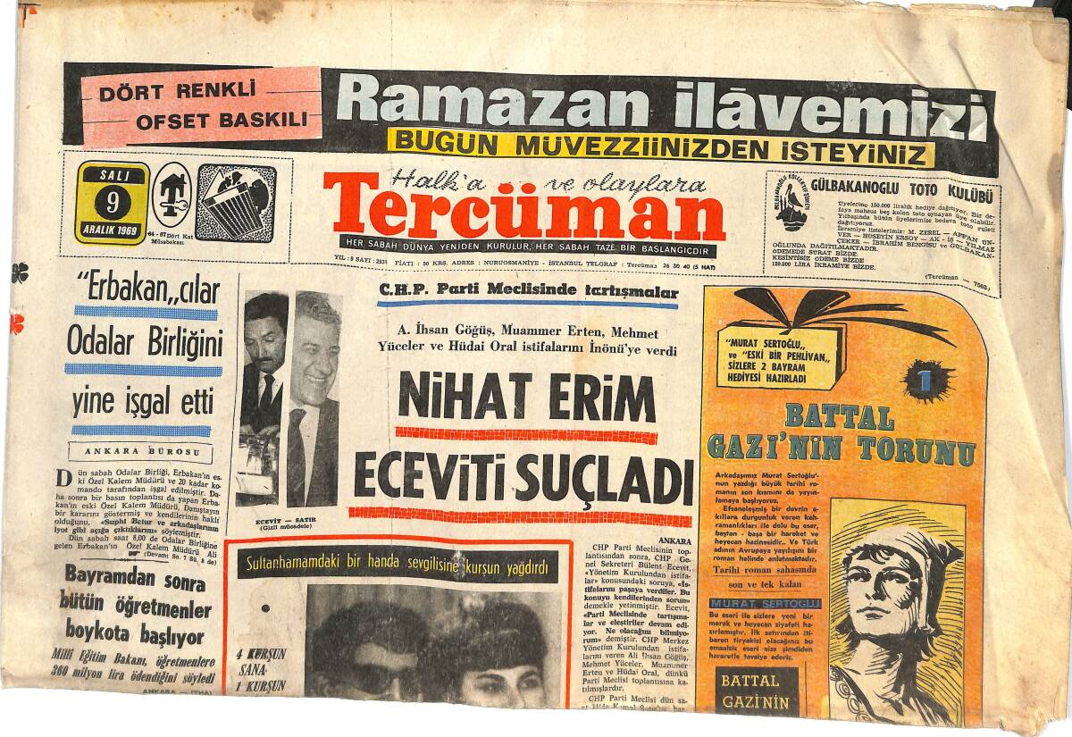 Tercüman Gazetesi 9 Aralık 1969 - Nihat Erim Bülent Ecevit'i Suçladı! - Fenerbahçe İçin Her Şey Bitmedi! GZ145036 - 1