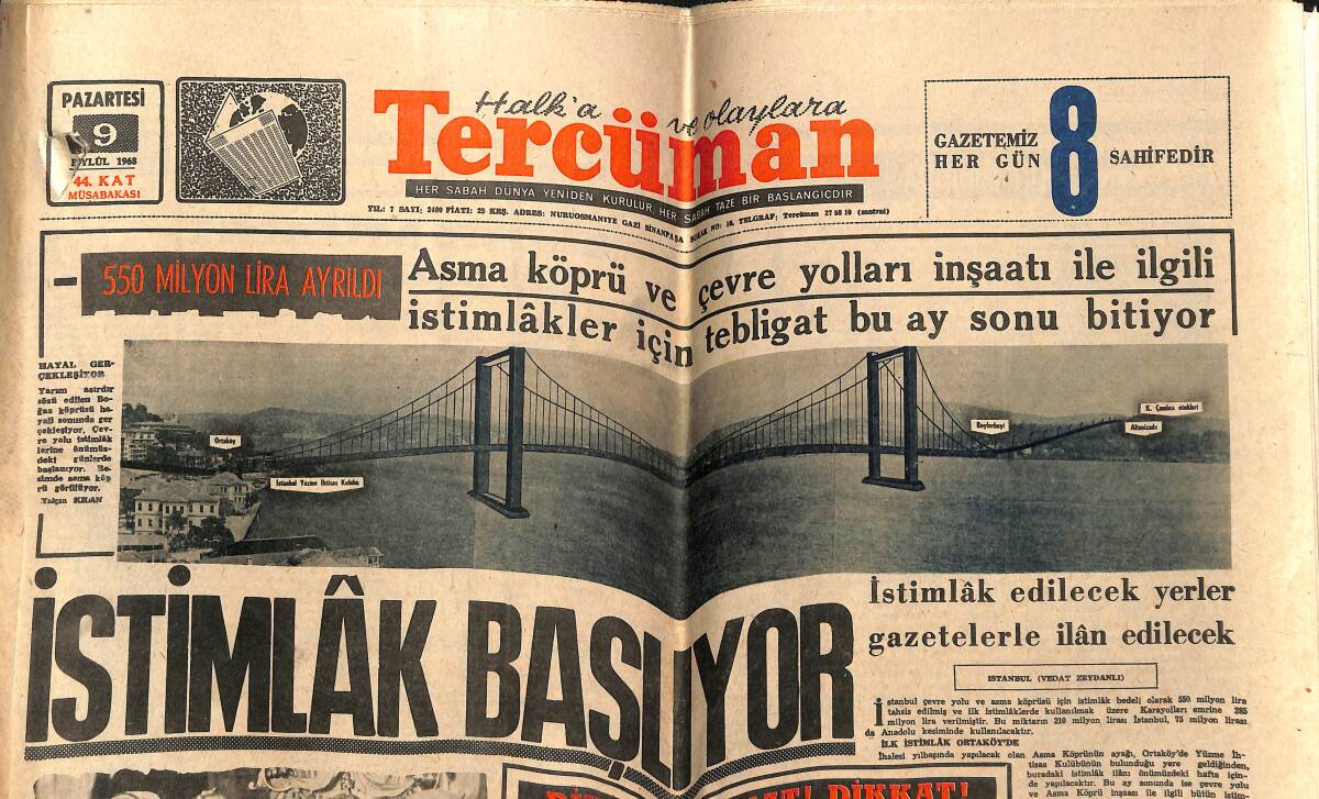 Tercüman Gazetesi 9 Eylül 1968 - Asma Köprü İçin 550 Milyon Lira Ayrıldı - Kiesinger: NATO'nun Zayıfladığı Yalandır GZ148946 - 1