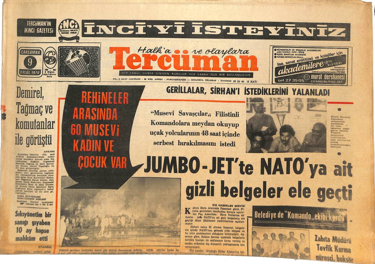 Tercüman Gazetesi 9 Eylül 1970 - Jumbo-Jet'te NATO'YA Ait Gizli Belgeler Ele Geçti! - Ahmet Ayık Medved İçin Çalışıyor! GZ145033 - 1