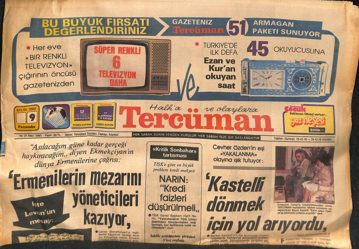 Tercüman Gazetesi 9 Eylül 1982 - Kastelli Dönmek İçin Yol Arıyordu - Ermenilerin Mezarlarını Yöneticileri Kazıyor GZ132456 - 1