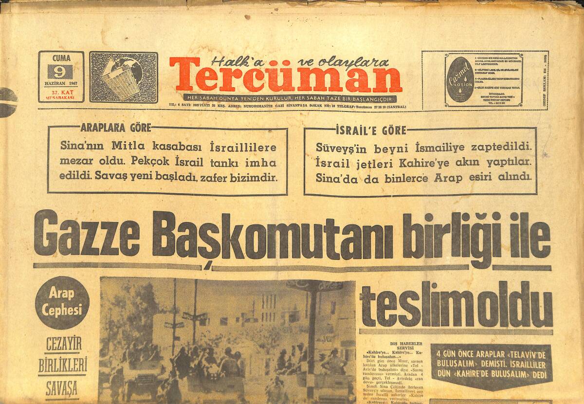 Tercüman Gazetesi 9 Haziran 1967 - Gazze Başkomutanı Birliği İle Teslim Oldu - Cezayir Birlikleri Savaşa Katıldı GZ144560 - 1