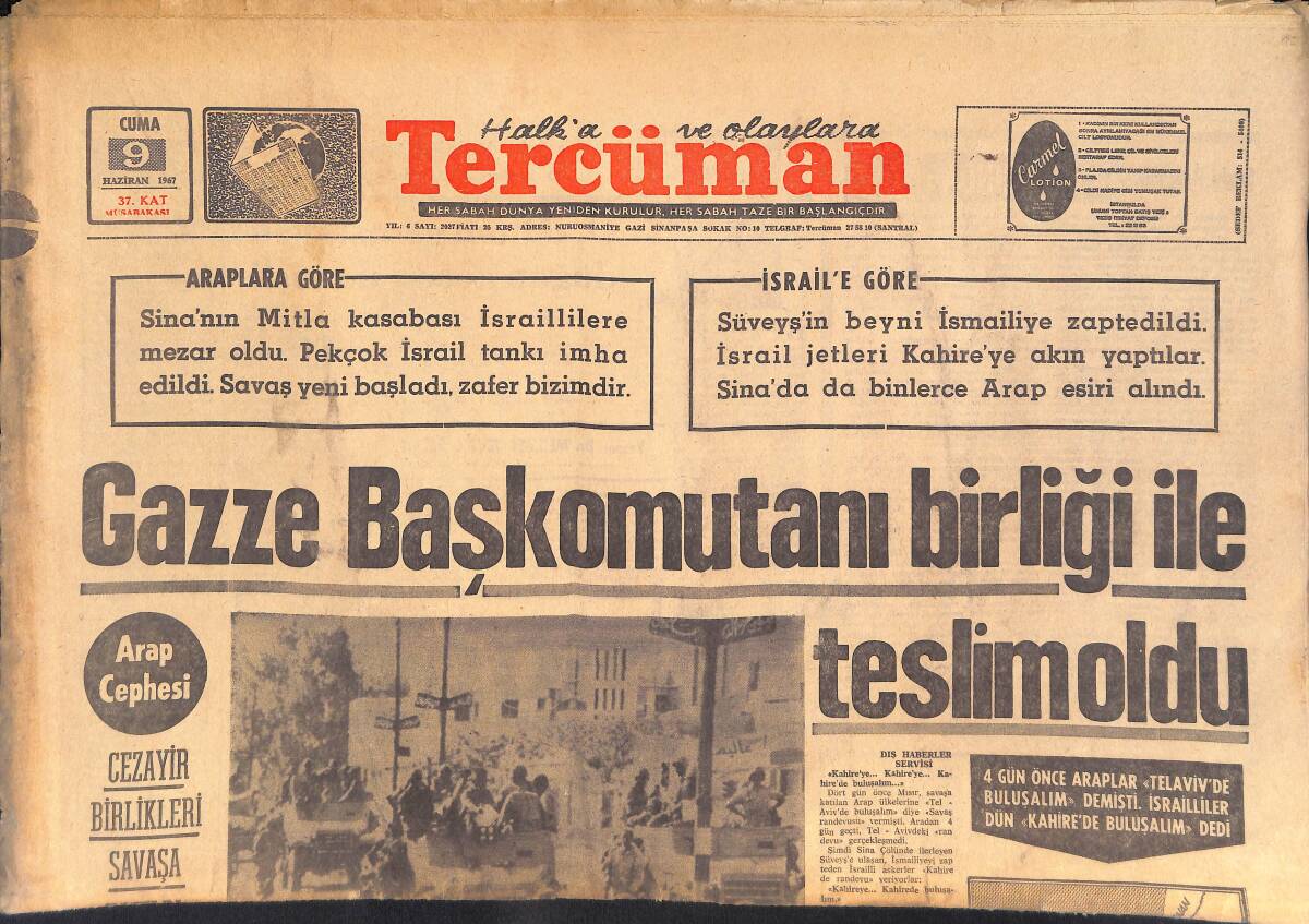 Tercüman Gazetesi 9 Haziran 1967 - Gazze Başkomutanı Birliği İle Teslim Oldu! - Fenerbahçe'de Molnar Direktör, Suvari Antrenör Olacak! GZ145664 - 1