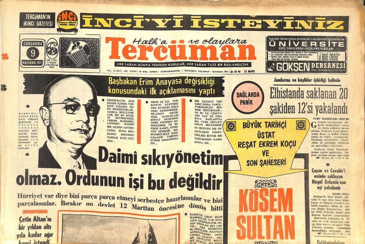 Tercüman Gazetesi 9 Haziran 1971 - Başbakan Erim, Anayasa Değişikliği Konusundaki İlk Açıklamasını Yaptı - Boks Milli Takımımız İspanya'da GZ144592 - 1