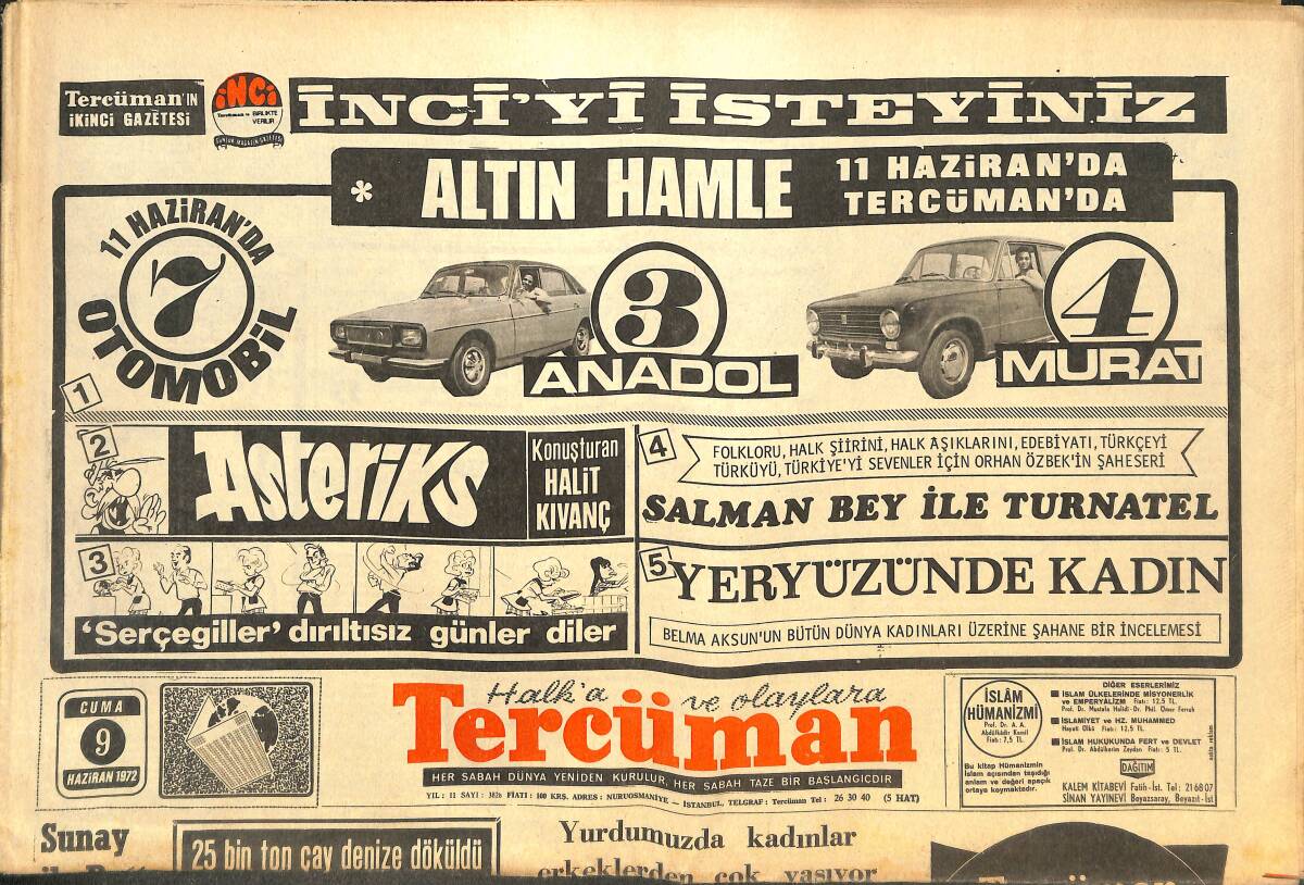 Tercüman Gazetesi 9 Haziran 1972 - Türkiye'nin En Büyük Yeraltı Geçidi Kızılay'da Yapılacak - 25 Bin Ton Çay Denize Döküldü GZ144208 - 1