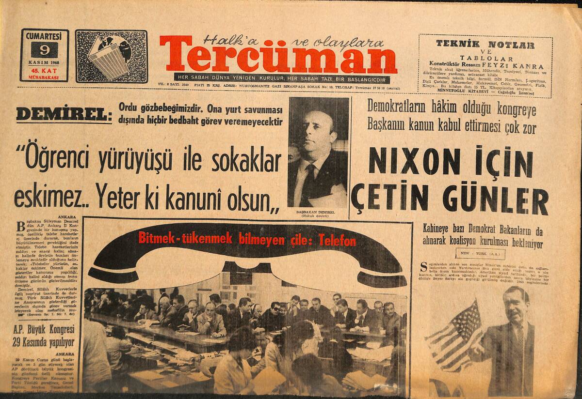 Tercüman Gazetesi 9 Kasım 1968 - Nıxon İçin Çetin Günler - Prag'da Çek Gençleri Rus Bayraklarını Ateşe Verdi! GZ146261 - 1