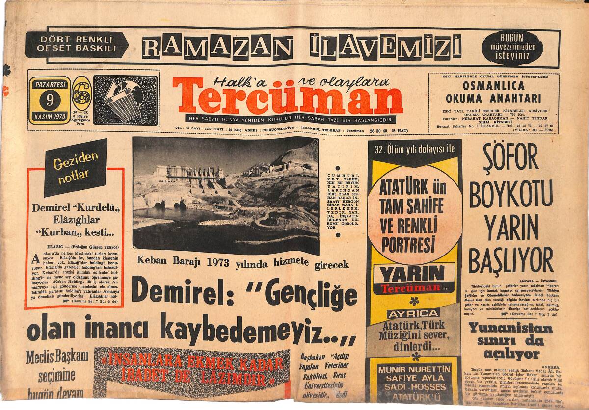 Tercüman Gazetesi 9 Kasım 1970 - Bakırköy'de İki Fabrika İle 2 Depo Yandı - Yunanistan Sınırı da Açılıyor GZ144801 - 1