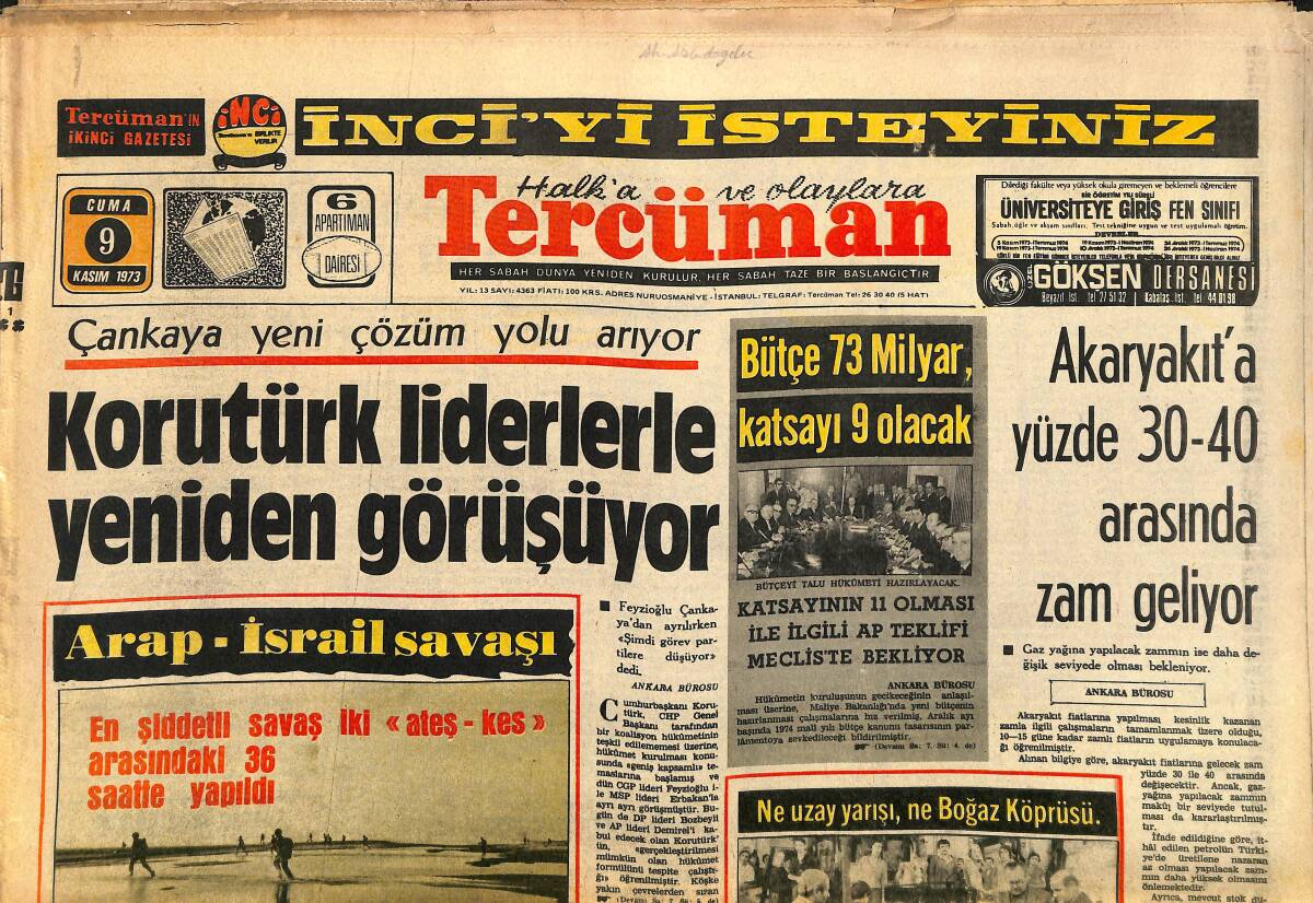 Tercüman Gazetesi 9 Kasım 1973 - Ne Uzay Yarışı, Ne Boğaz Köprüsü - Nasır'a İhanet Etti, Kendini Öldürdü GZ141439 - 1
