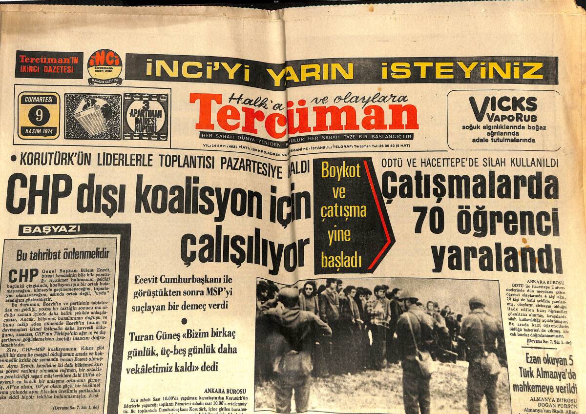 Tercüman Gazetesi 9 Kasım 1974 - CHP Dışı Koalisyon İçin Çalışıyor! - Ersin Aydın Mersin'den Girne'ye Yüzecek! GZ146304 - 1