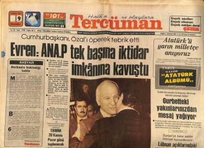 Tercüman Gazetesi 9 Kasım 1983 - Evren Anap Tek Başına İktidar İmkanına Kavuştu GZ64553 - 1