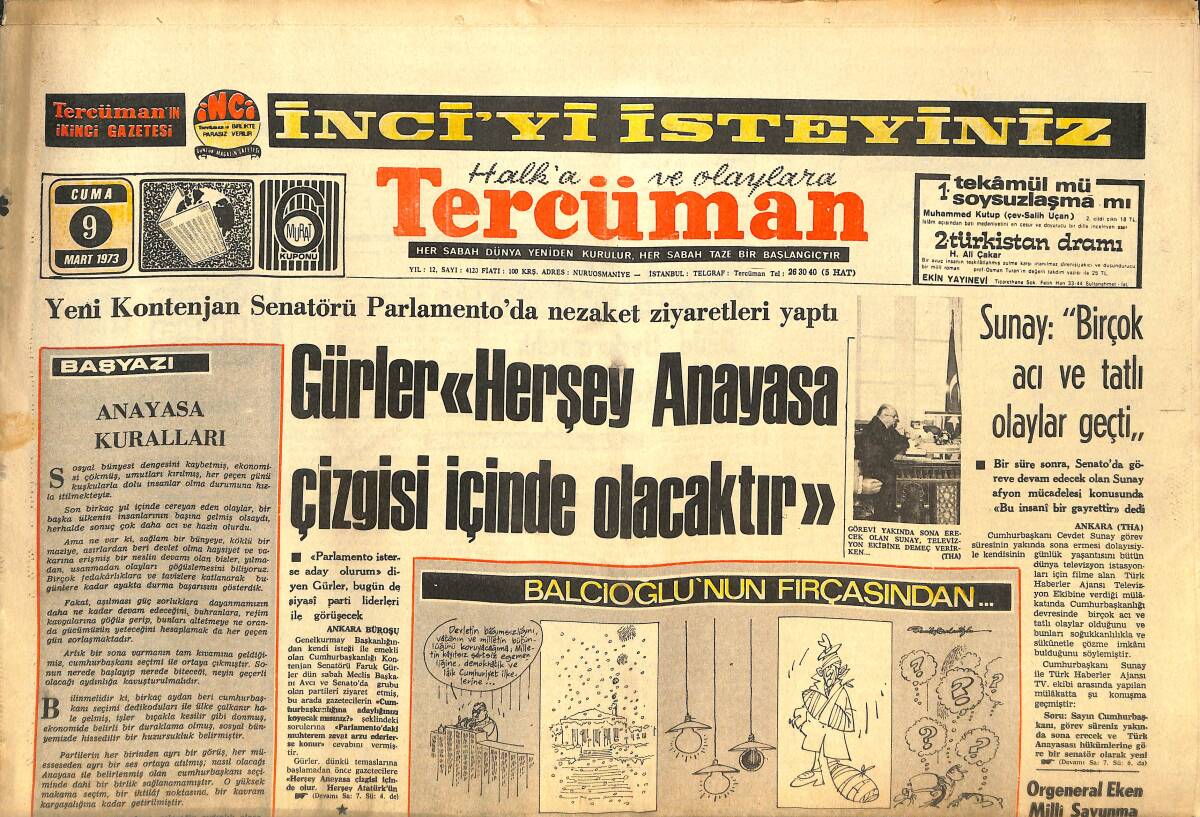 Tercüman Gazetesi 9 Mart 1973 - Makarios'un Ruhani Yetkileri Kaldırıldı - Sunay : Birçok Avı Ve Tatlı Olaylar Geçti GZ144535 - 1