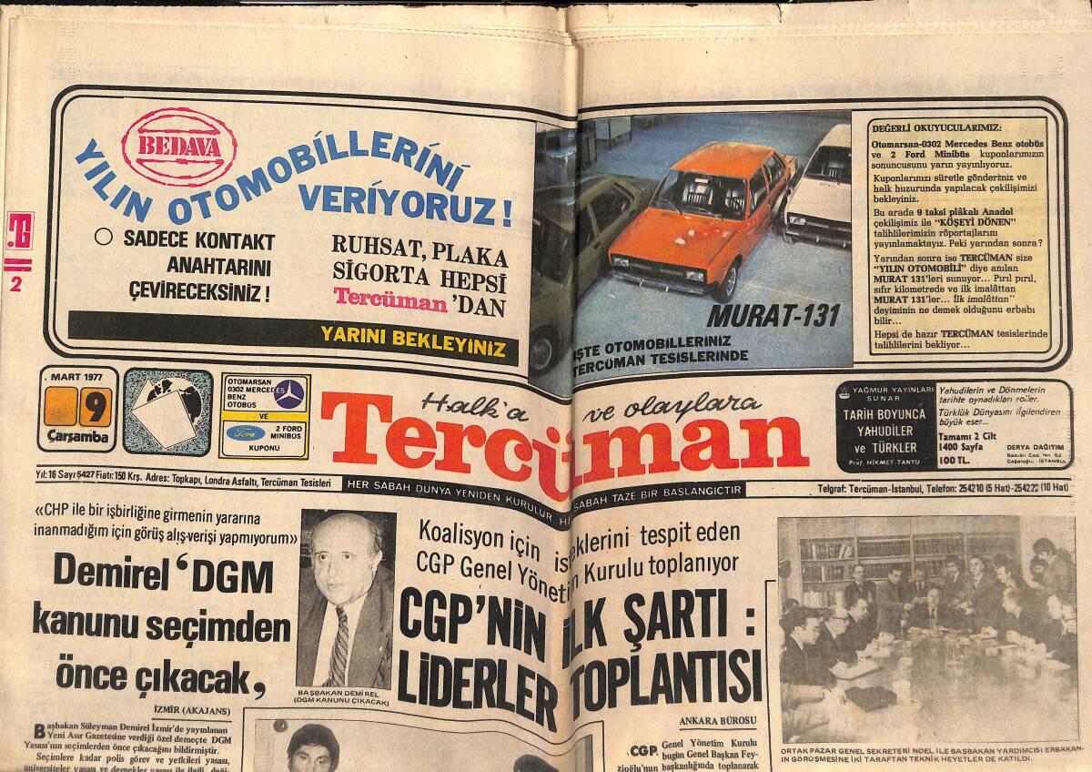 Tercüman Gazetesi 9 Mart 1977 - Erbakan : ''Türkiye AET'in Bekçisidir'' - Bombacı Müller İdmanlara Başlıyor GZ160336 - 1